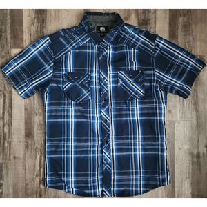 Rock & Republic Button Down Shirt Mens Medium Blue Plaid Short Sleeve Western